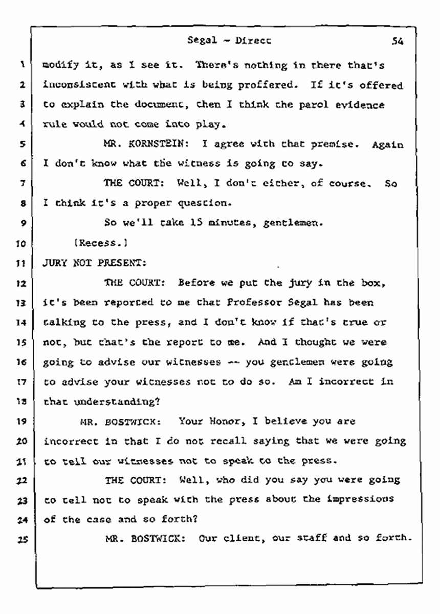 Los Angeles, California Civil Trial<br>Jeffrey MacDonald vs. Joe McGinniss<br><br>July 9, 1987:<br>Plaintiff's Witness: Bernard Segal, p. 54