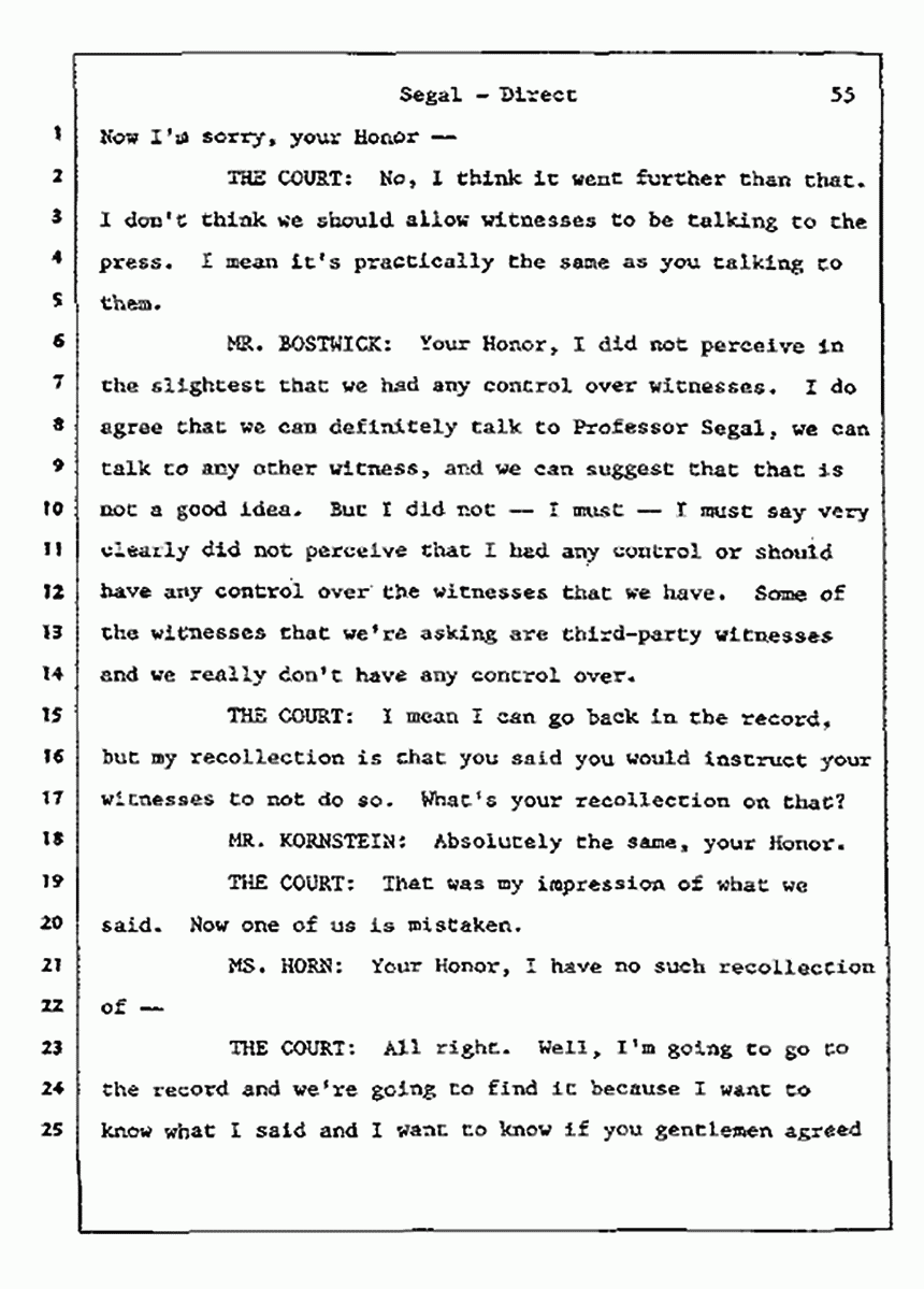 Los Angeles, California Civil Trial<br>Jeffrey MacDonald vs. Joe McGinniss<br><br>July 9, 1987:<br>Plaintiff's Witness: Bernard Segal, p. 55
