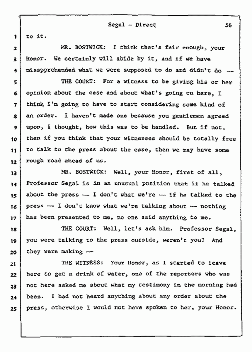 Los Angeles, California Civil Trial<br>Jeffrey MacDonald vs. Joe McGinniss<br><br>July 9, 1987:<br>Plaintiff's Witness: Bernard Segal, p. 56
