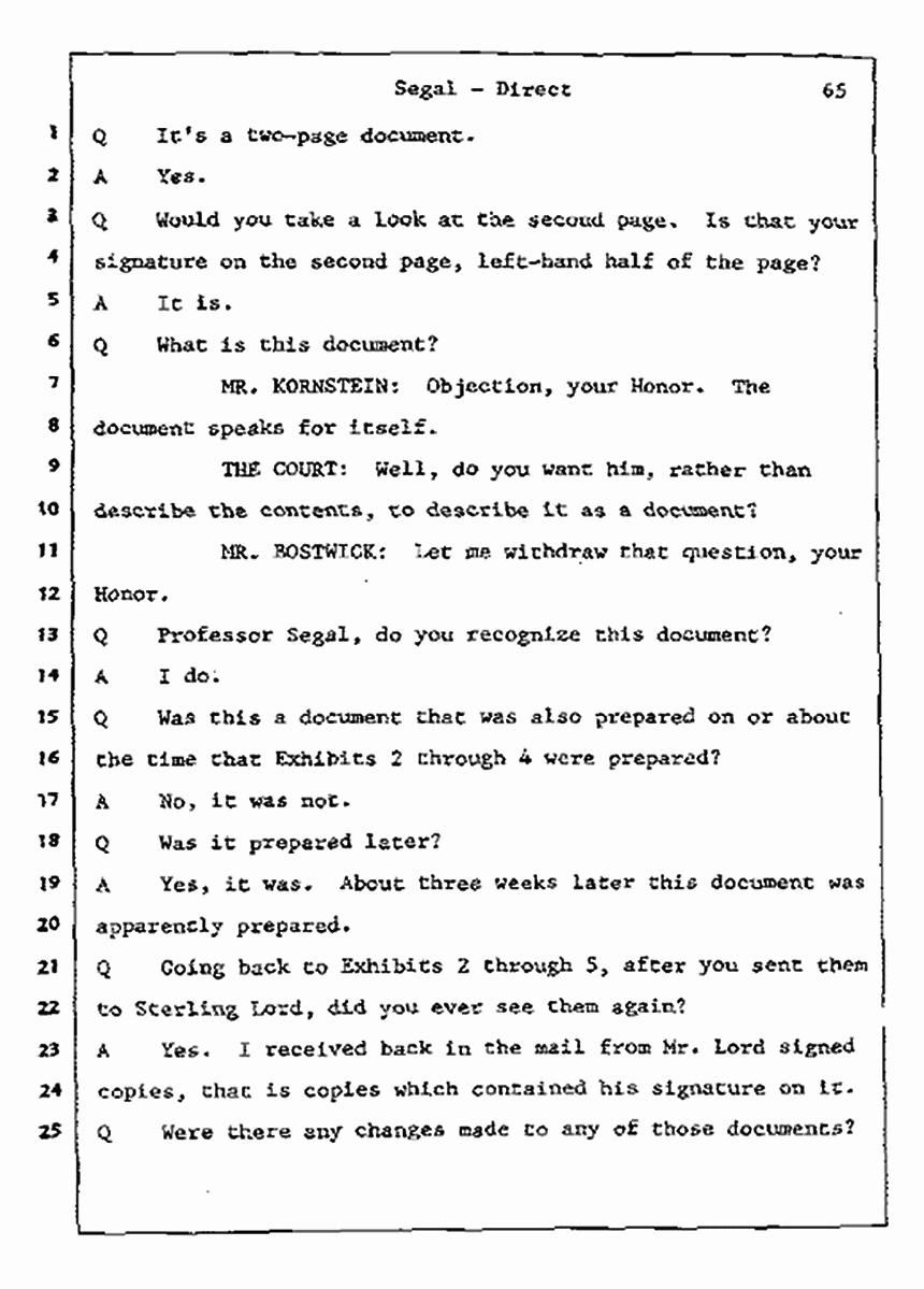 Los Angeles, California Civil Trial<br>Jeffrey MacDonald vs. Joe McGinniss<br><br>July 9, 1987:<br>Plaintiff's Witness: Bernard Segal, p. 65