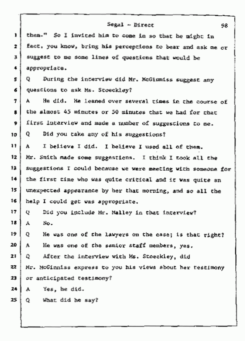 Los Angeles, California Civil Trial<br>Jeffrey MacDonald vs. Joe McGinniss<br><br>July 9, 1987:<br>Plaintiff's Witness: Bernard Segal, p. 98