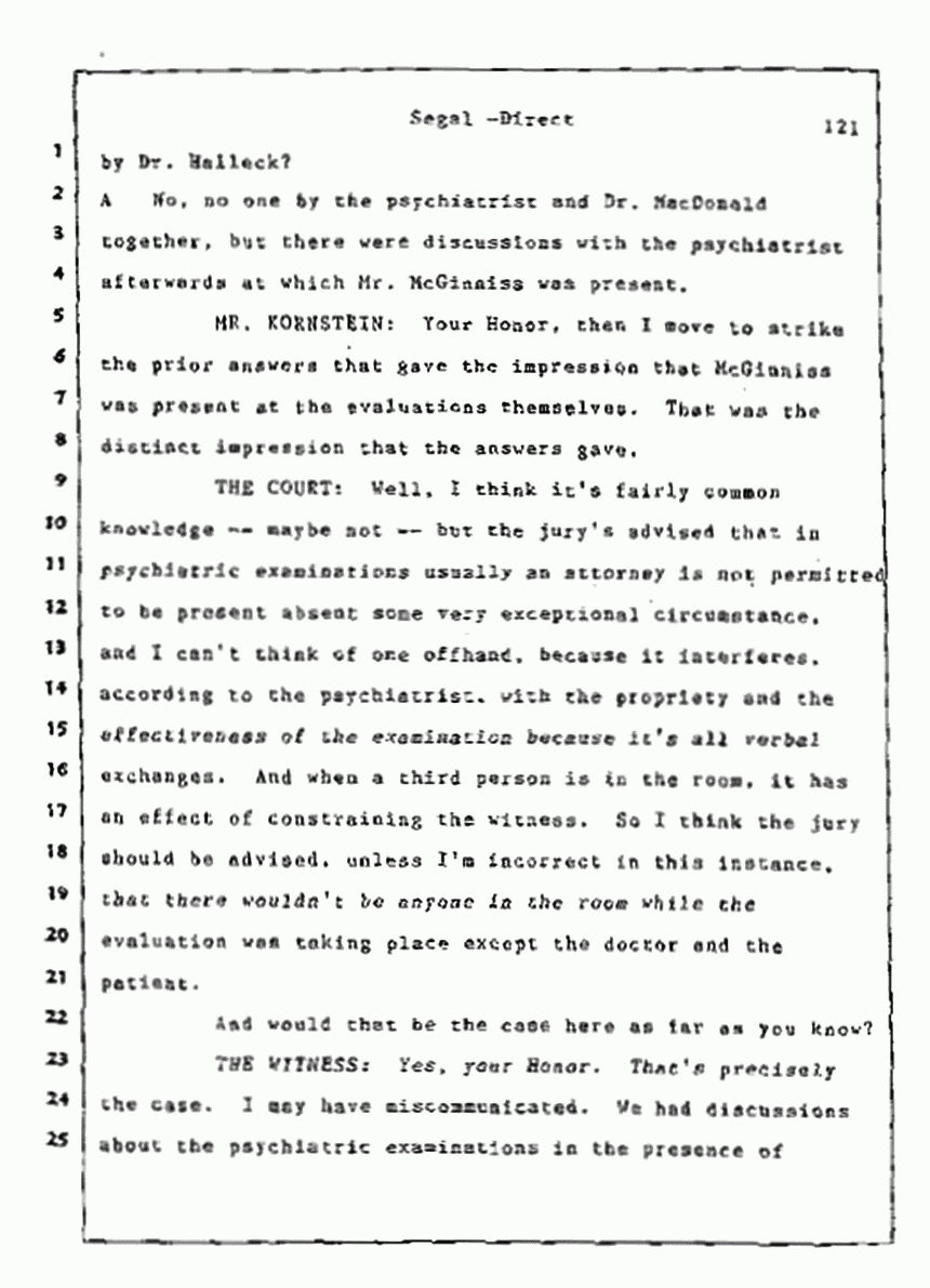Los Angeles, California Civil Trial<br>Jeffrey MacDonald vs. Joe McGinniss<br><br>July 9, 1987:<br>Plaintiff's Witness: Bernard Segal, p. 121
