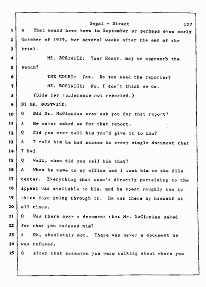 Los Angeles, California Civil Trial<br>Jeffrey MacDonald vs. Joe McGinniss<br><br>July 9, 1987:<br>Plaintiff's Witness: Bernard Segal, p. 127