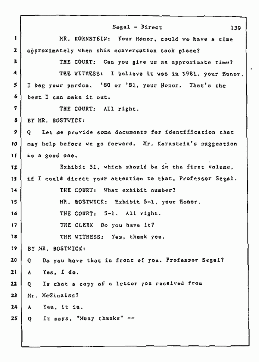 Los Angeles, California Civil Trial<br>Jeffrey MacDonald vs. Joe McGinniss<br><br>July 9, 1987:<br>Plaintiff's Witness: Bernard Segal, p. 139