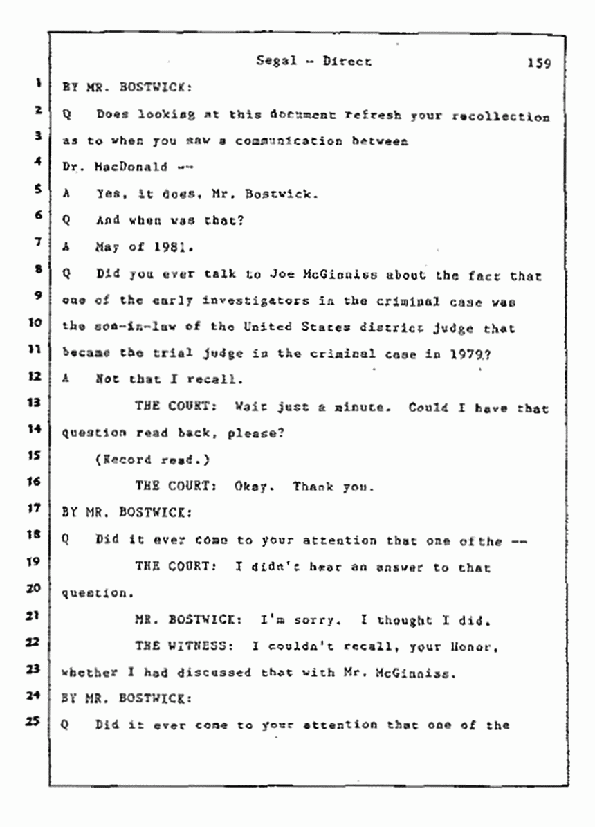 Los Angeles, California Civil Trial<br>Jeffrey MacDonald vs. Joe McGinniss<br><br>July 9, 1987:<br>Plaintiff's Witness: Bernard Segal, p. 159