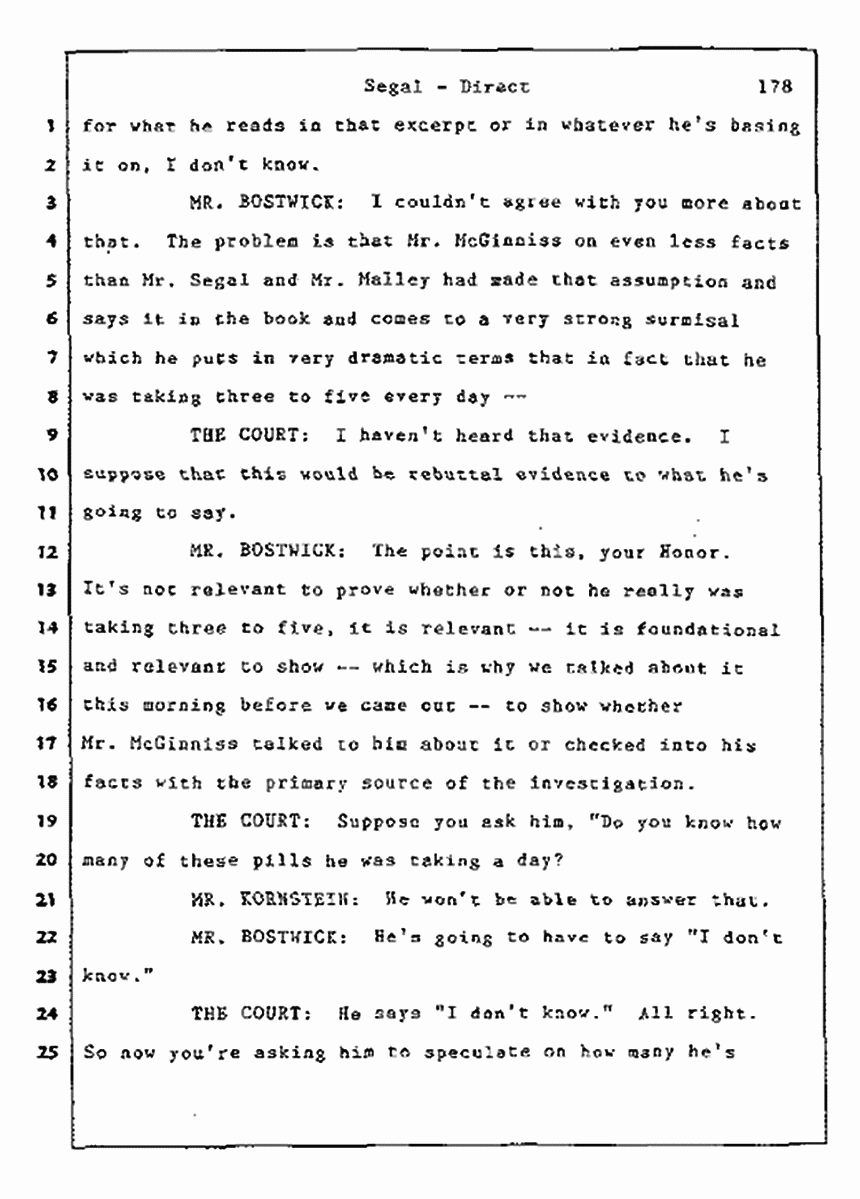 Los Angeles, California Civil Trial<br>Jeffrey MacDonald vs. Joe McGinniss<br><br>July 9, 1987:<br>Plaintiff's Witness: Bernard Segal, p. 178