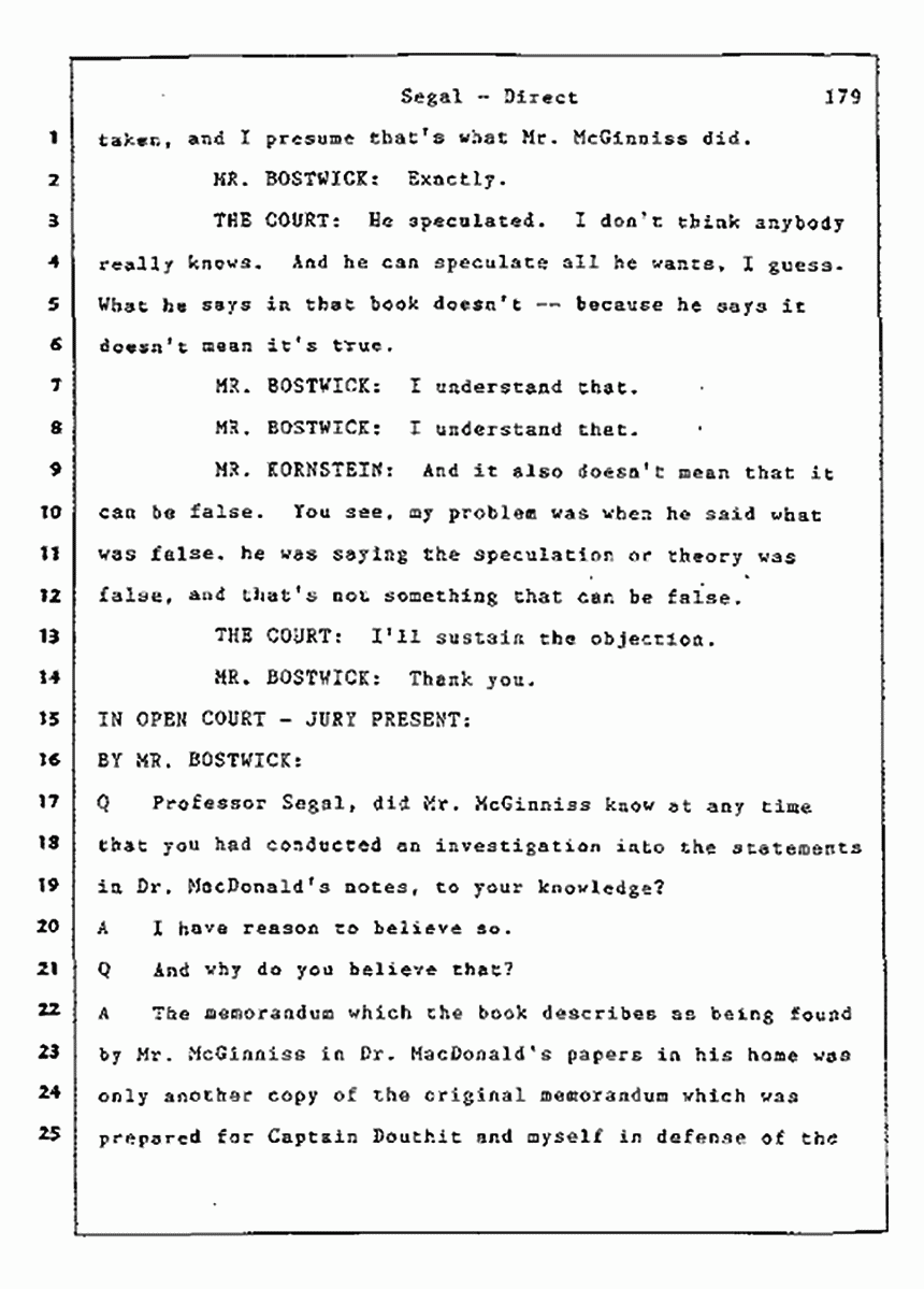 Los Angeles, California Civil Trial<br>Jeffrey MacDonald vs. Joe McGinniss<br><br>July 9, 1987:<br>Plaintiff's Witness: Bernard Segal, p. 179