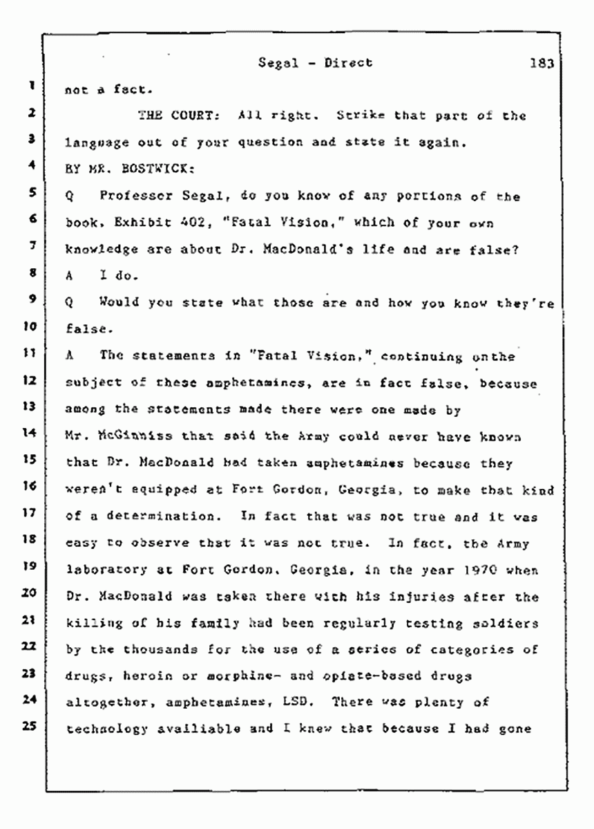 Los Angeles, California Civil Trial<br>Jeffrey MacDonald vs. Joe McGinniss<br><br>July 9, 1987:<br>Plaintiff's Witness: Bernard Segal, p. 183