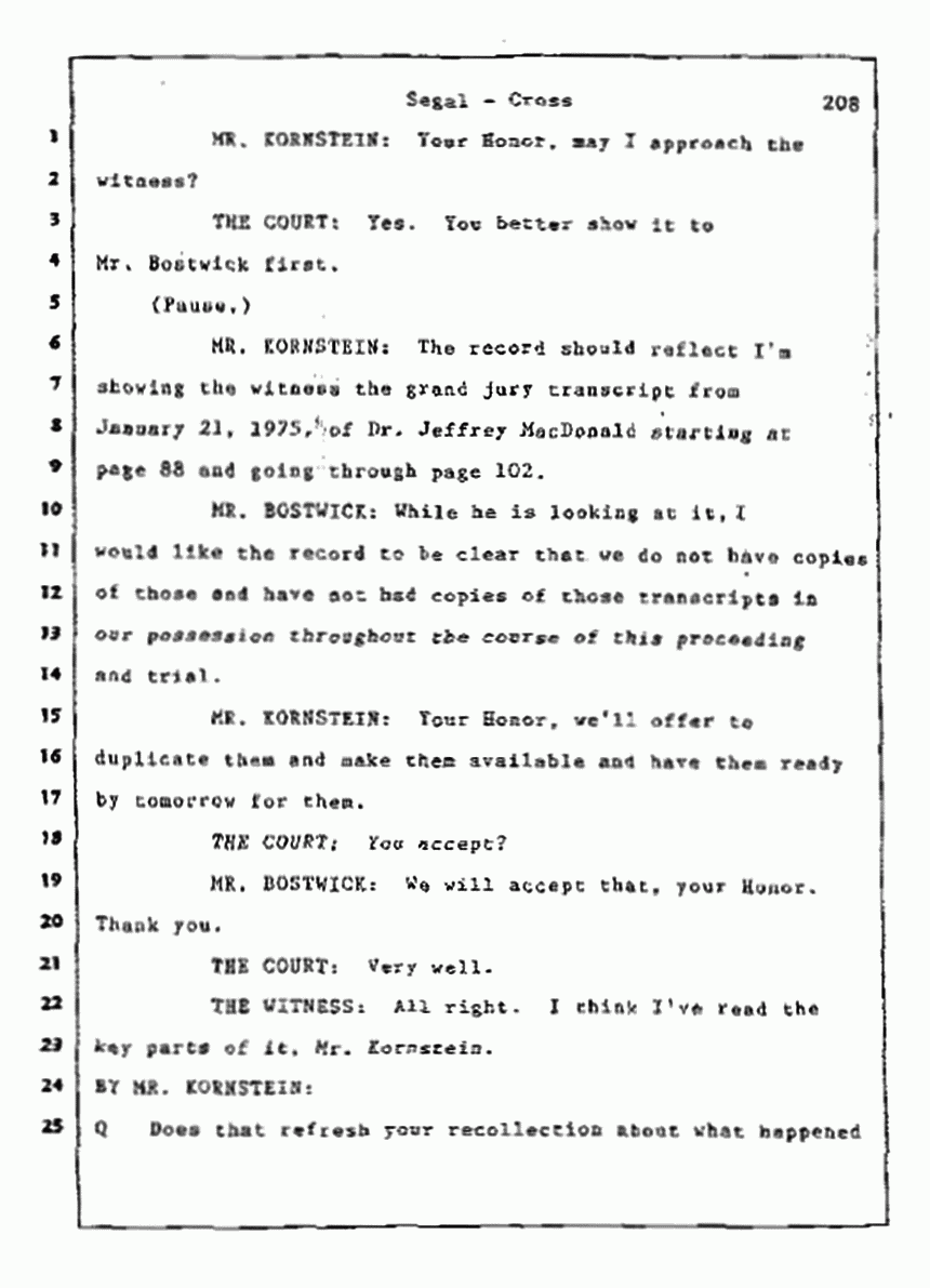 Los Angeles, California Civil Trial<br>Jeffrey MacDonald vs. Joe McGinniss<br><br>July 9, 1987:<br>Plaintiff's Witness: Bernard Segal, p. 208