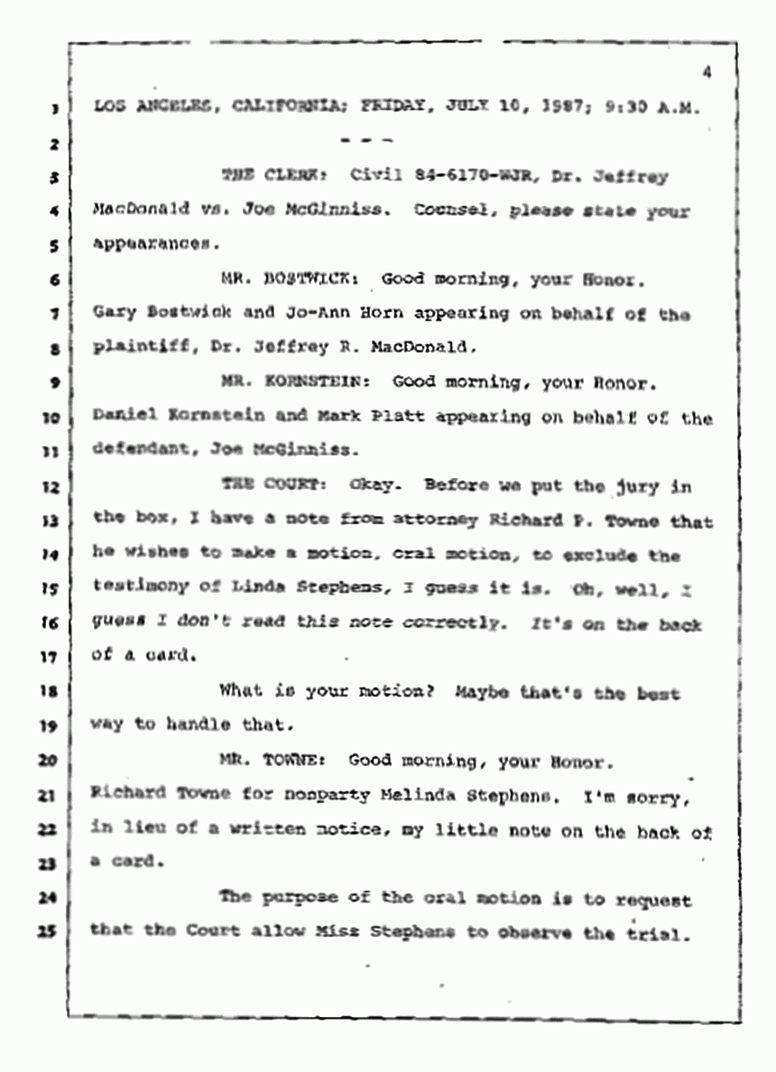 Los Angeles, California Civil Trial<br>Jeffrey MacDonald vs. Joe McGinniss<br><br>July 10, 1987:<br>Plaintiff's Witness: Bernard Segal, p. 4