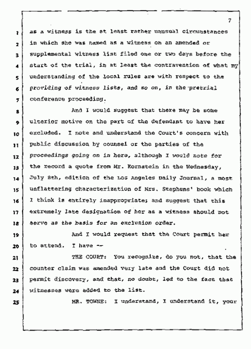 Los Angeles, California Civil Trial<br>Jeffrey MacDonald vs. Joe McGinniss<br><br>July 10, 1987:<br>Plaintiff's Witness: Bernard Segal, p. 7