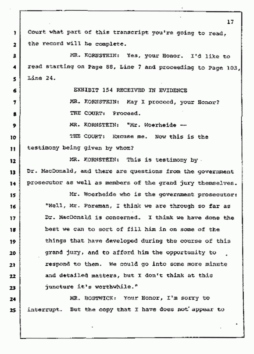 Los Angeles, California Civil Trial<br>Jeffrey MacDonald vs. Joe McGinniss<br><br>July 10, 1987:<br>Plaintiff's Witness: Bernard Segal, p. 17