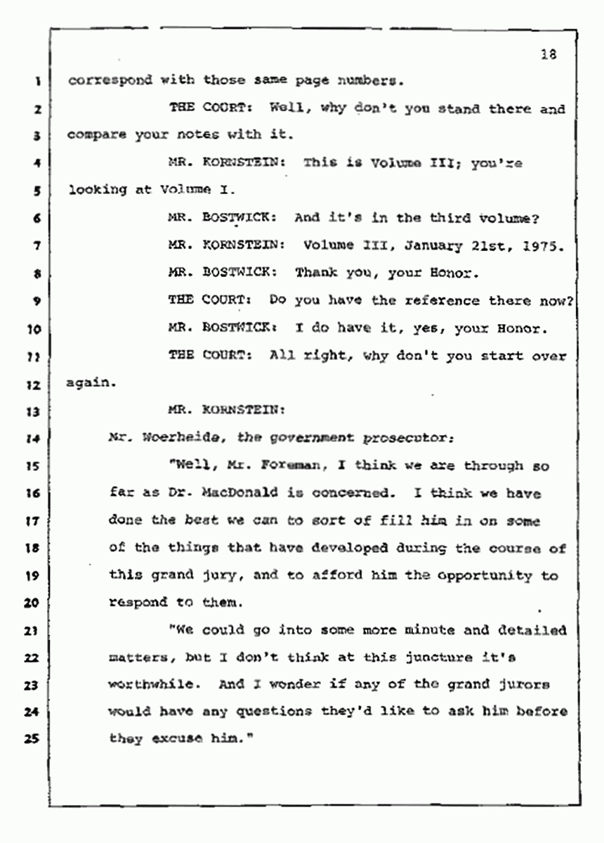 Los Angeles, California Civil Trial<br>Jeffrey MacDonald vs. Joe McGinniss<br><br>July 10, 1987:<br>Plaintiff's Witness: Bernard Segal, p. 18