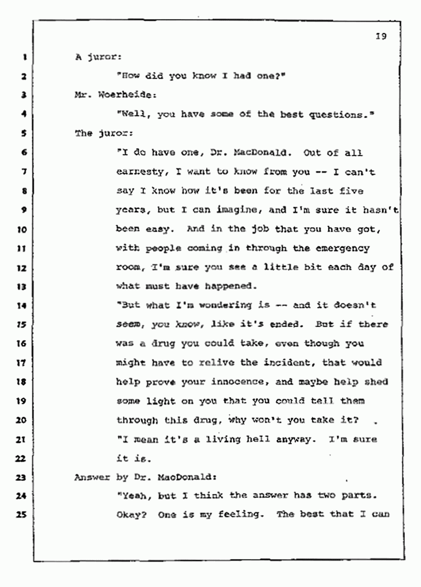 Los Angeles, California Civil Trial<br>Jeffrey MacDonald vs. Joe McGinniss<br><br>July 10, 1987:<br>Plaintiff's Witness: Bernard Segal, p. 19