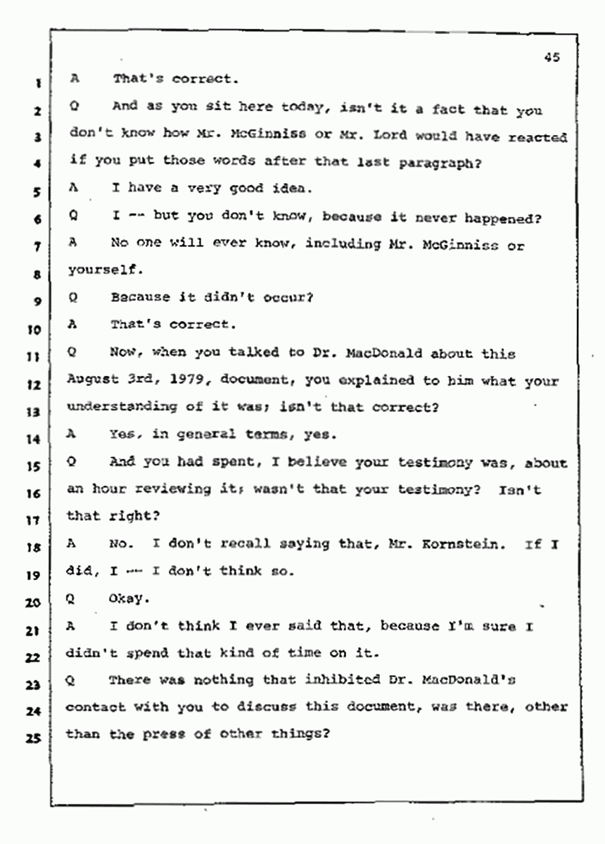 Los Angeles, California Civil Trial<br>Jeffrey MacDonald vs. Joe McGinniss<br><br>July 10, 1987:<br>Plaintiff's Witness: Bernard Segal, p. 45