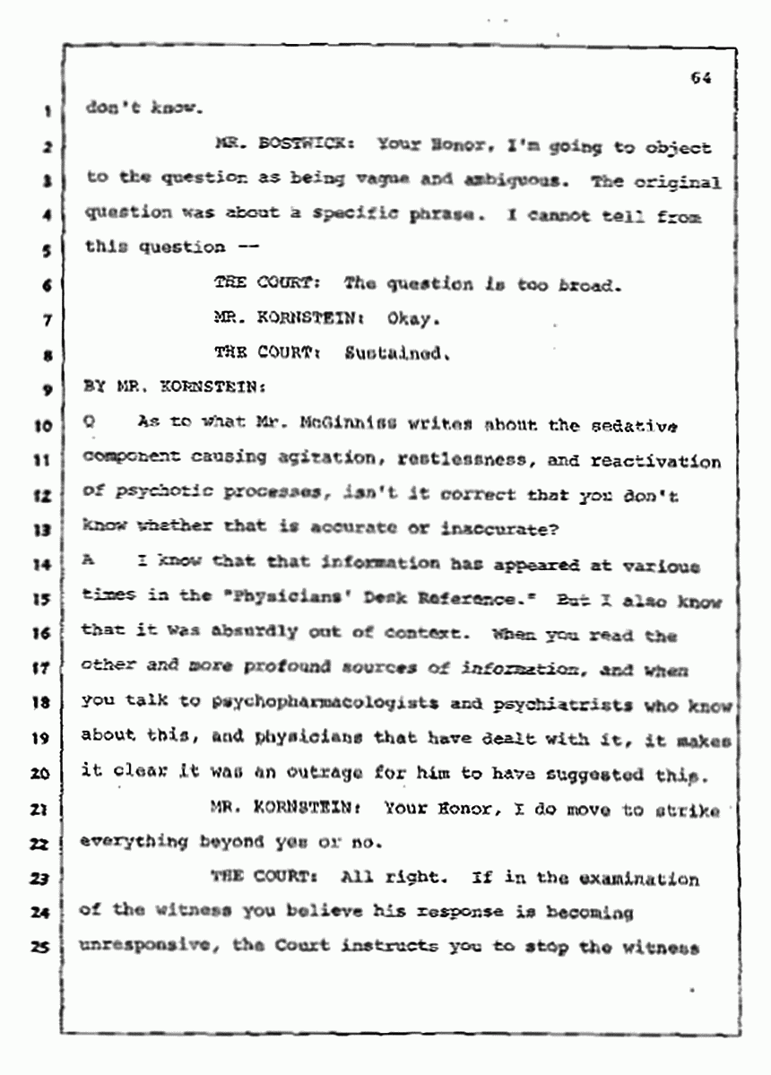 Los Angeles, California Civil Trial<br>Jeffrey MacDonald vs. Joe McGinniss<br><br>July 10, 1987:<br>Plaintiff's Witness: Bernard Segal, p. 64