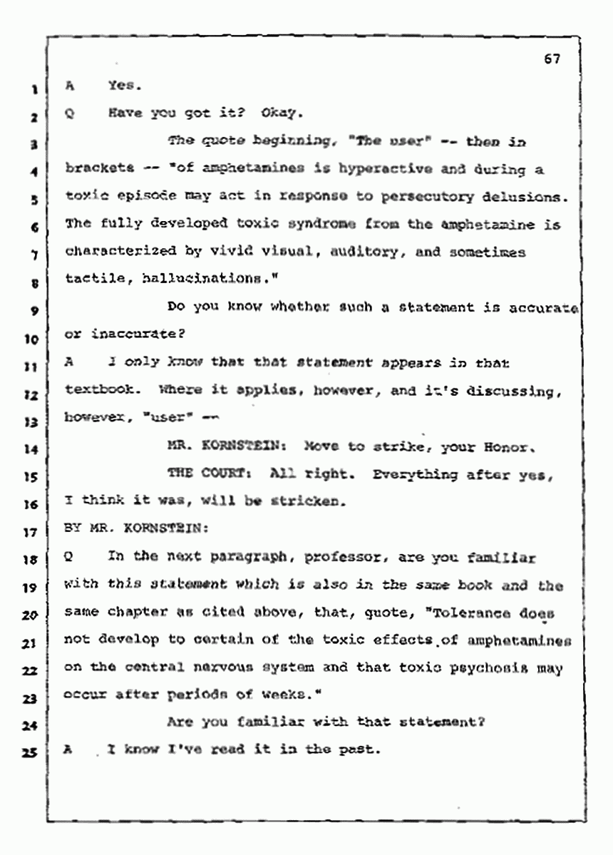 Los Angeles, California Civil Trial<br>Jeffrey MacDonald vs. Joe McGinniss<br><br>July 10, 1987:<br>Plaintiff's Witness: Bernard Segal, p. 67