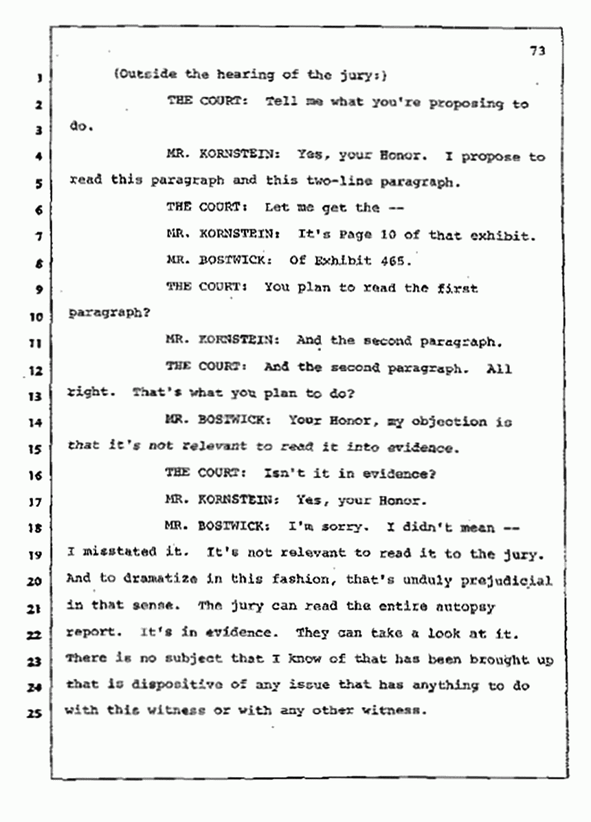 Los Angeles, California Civil Trial<br>Jeffrey MacDonald vs. Joe McGinniss<br><br>July 10, 1987:<br>Plaintiff's Witness: Bernard Segal, p. 73