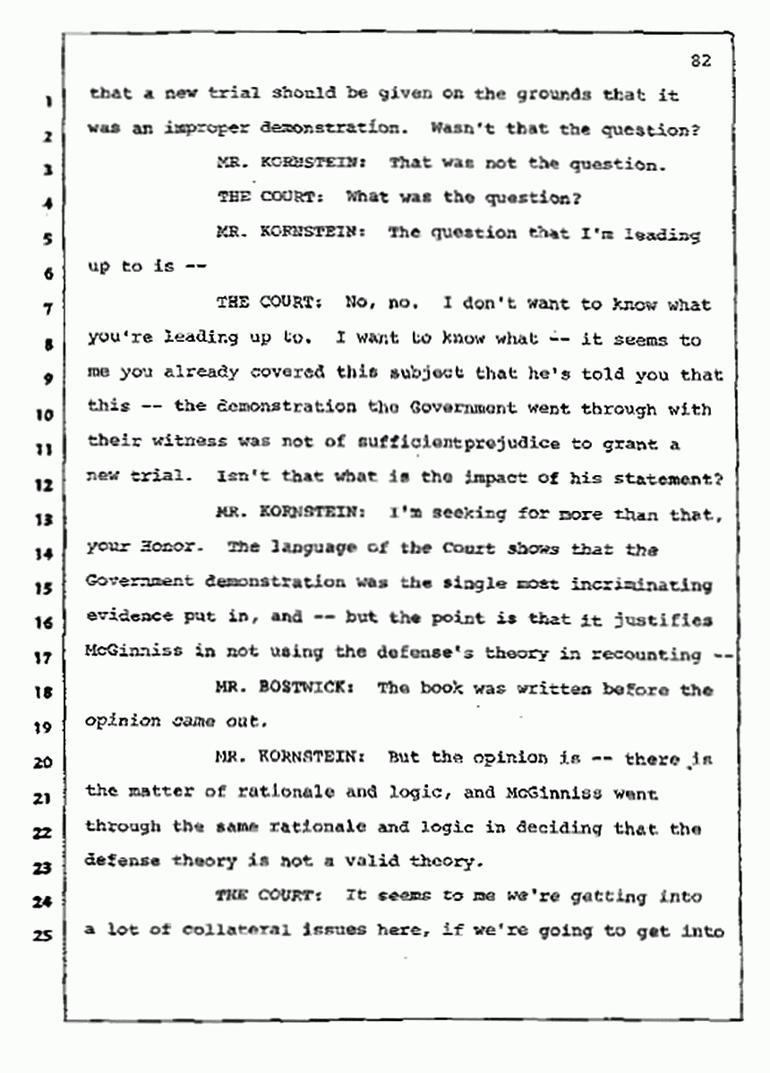 Los Angeles, California Civil Trial<br>Jeffrey MacDonald vs. Joe McGinniss<br><br>July 10, 1987:<br>Plaintiff's Witness: Bernard Segal, p. 82