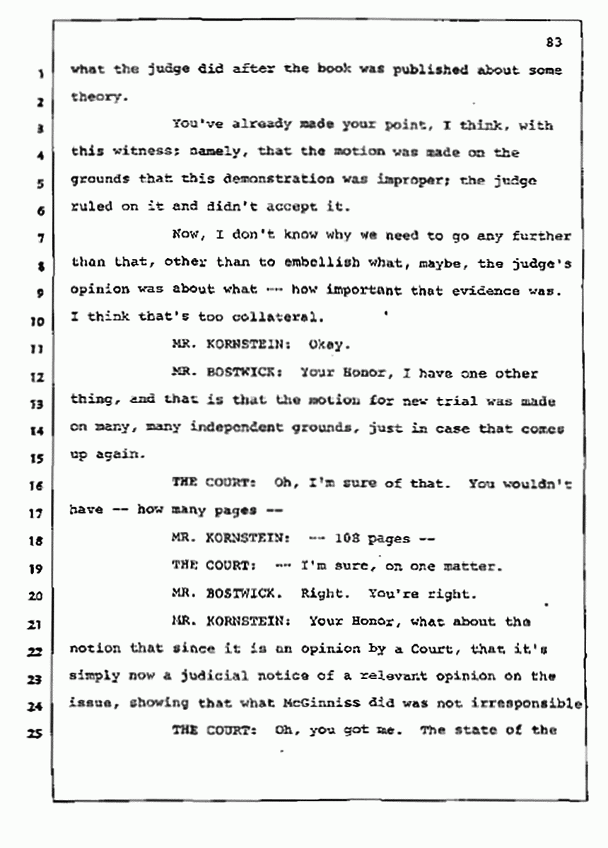 Los Angeles, California Civil Trial<br>Jeffrey MacDonald vs. Joe McGinniss<br><br>July 10, 1987:<br>Plaintiff's Witness: Bernard Segal, p. 83