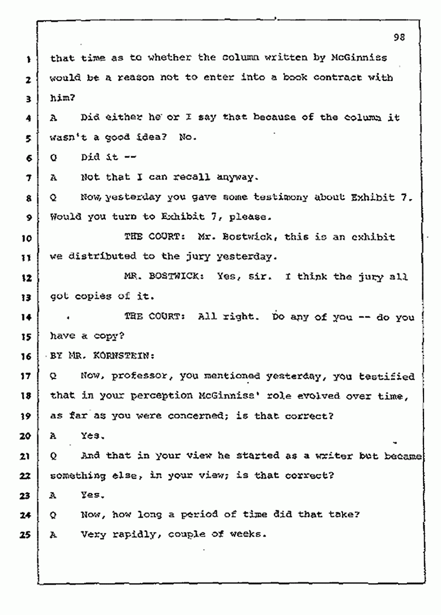 Los Angeles, California Civil Trial<br>Jeffrey MacDonald vs. Joe McGinniss<br><br>July 10, 1987:<br>Plaintiff's Witness: Bernard Segal, p. 98
