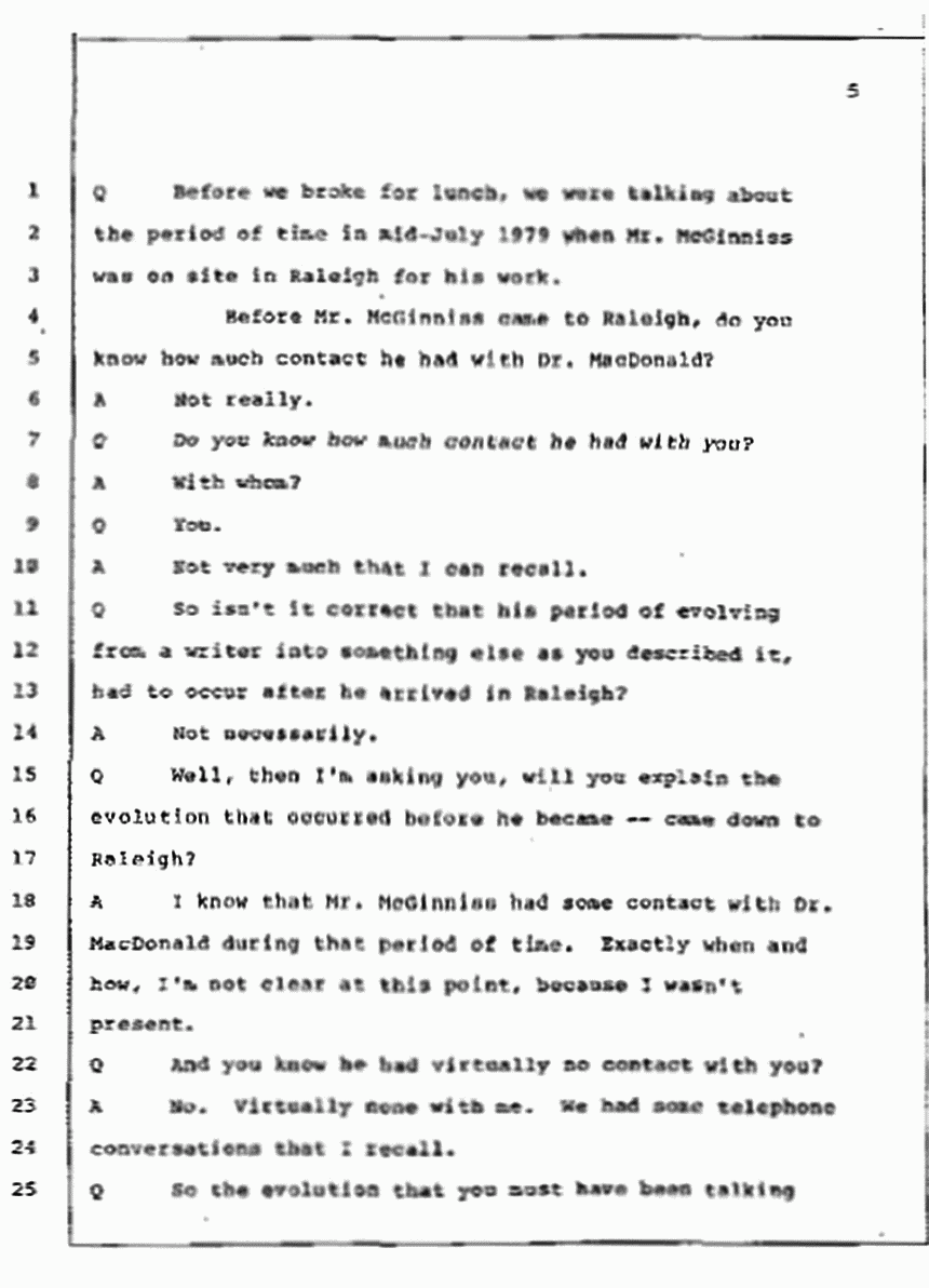 Los Angeles, California Civil Trial<br>Jeffrey MacDonald vs. Joe McGinniss<br><br>July 10, 1987:<br>Plaintiff's Witness: Bernard Segal, p. 5