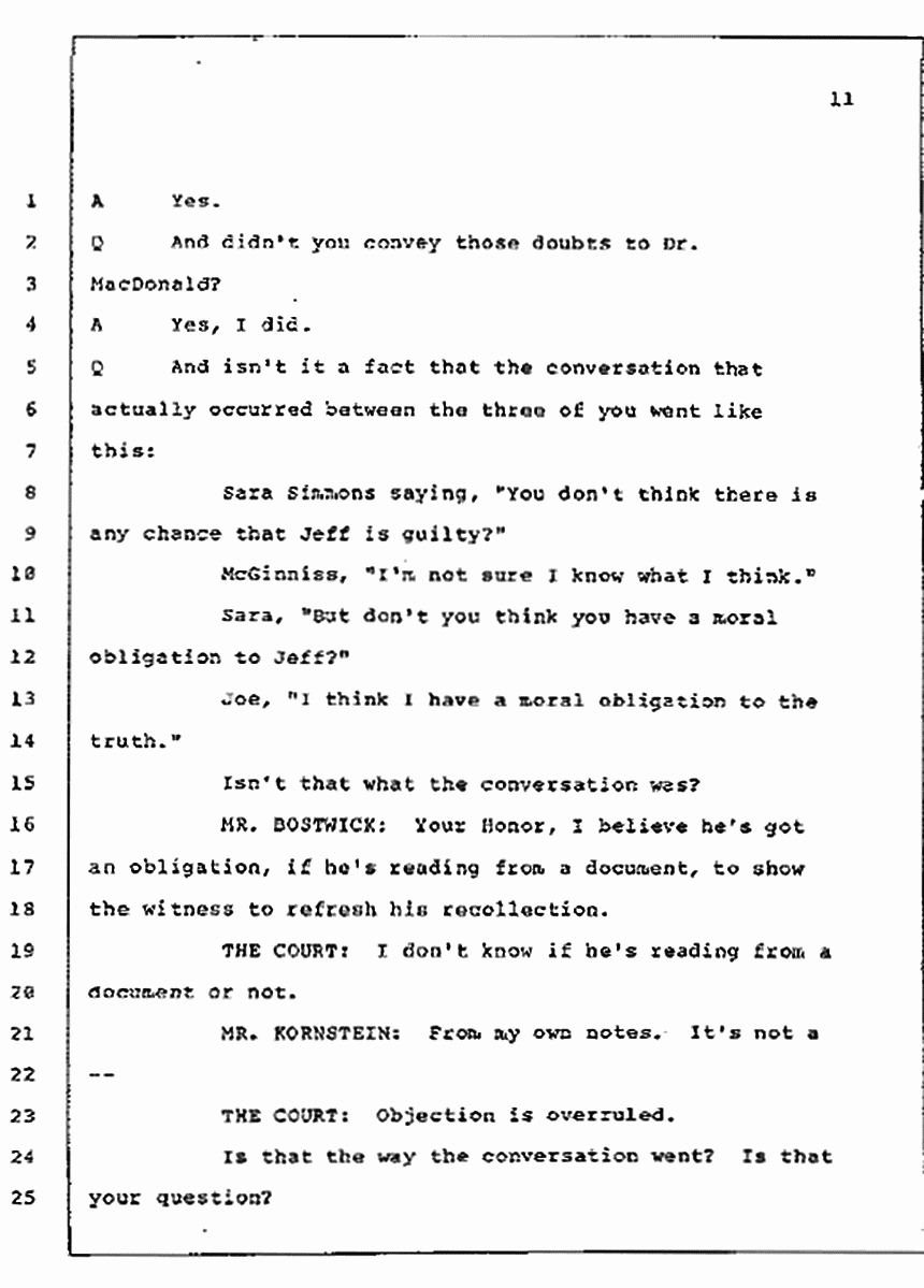 Los Angeles, California Civil Trial<br>Jeffrey MacDonald vs. Joe McGinniss<br><br>July 10, 1987:<br>Plaintiff's Witness: Bernard Segal, p. 11