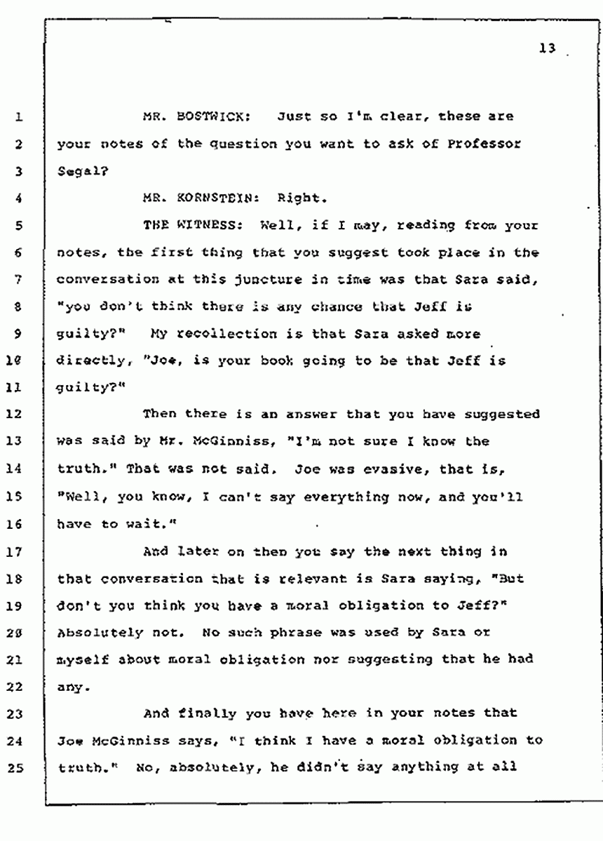 Los Angeles, California Civil Trial<br>Jeffrey MacDonald vs. Joe McGinniss<br><br>July 10, 1987:<br>Plaintiff's Witness: Bernard Segal, p. 13