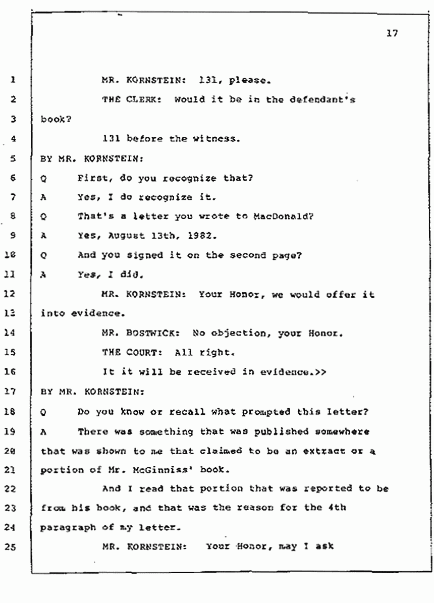 Los Angeles, California Civil Trial<br>Jeffrey MacDonald vs. Joe McGinniss<br><br>July 10, 1987:<br>Plaintiff's Witness: Bernard Segal, p. 17