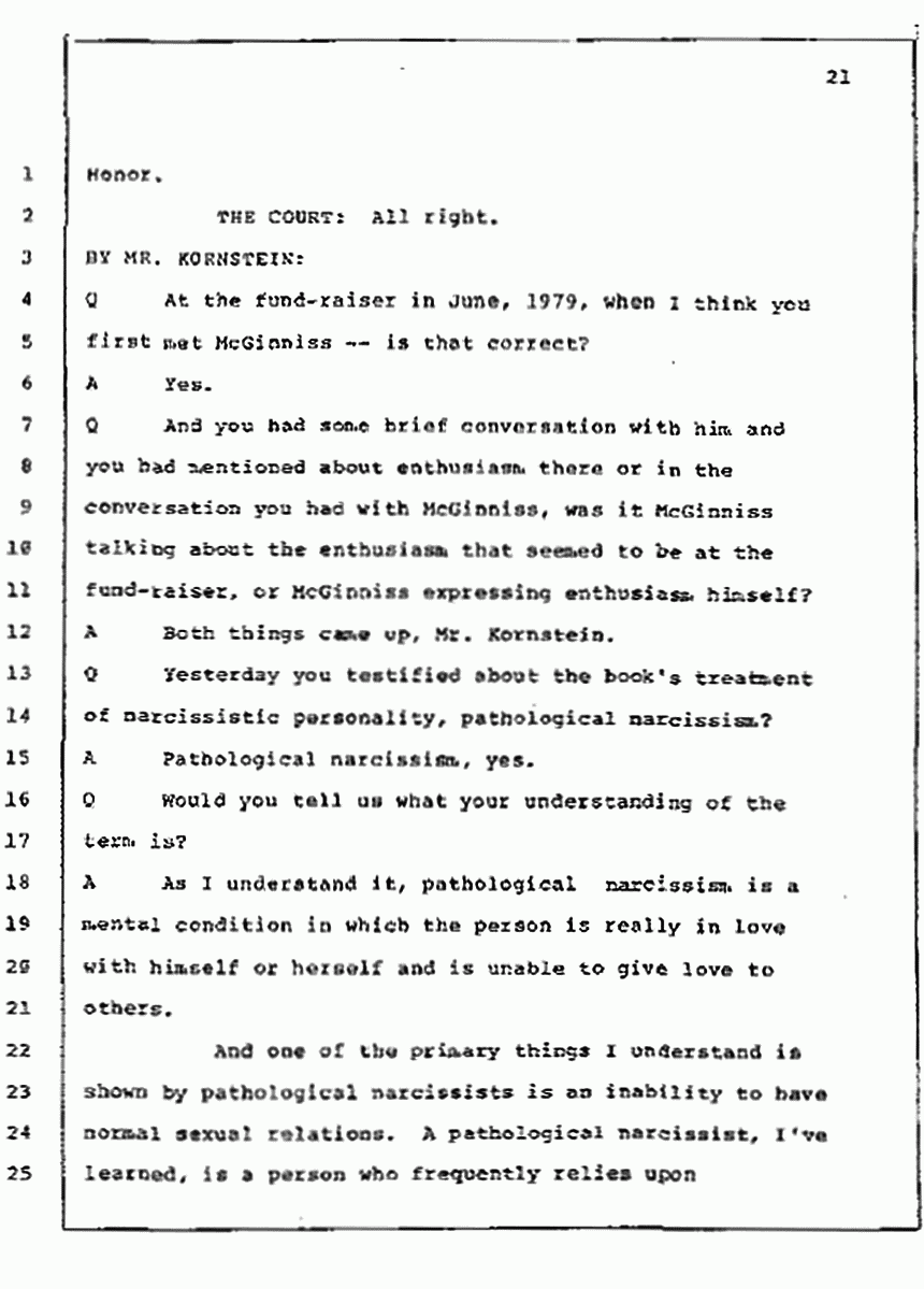 Los Angeles, California Civil Trial<br>Jeffrey MacDonald vs. Joe McGinniss<br><br>July 10, 1987:<br>Plaintiff's Witness: Bernard Segal, p. 21