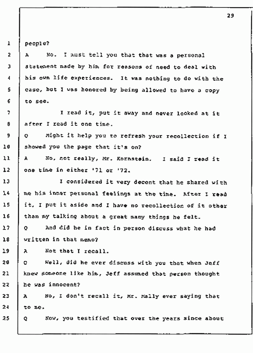 Los Angeles, California Civil Trial<br>Jeffrey MacDonald vs. Joe McGinniss<br><br>July 10, 1987:<br>Plaintiff's Witness: Bernard Segal, p. 29