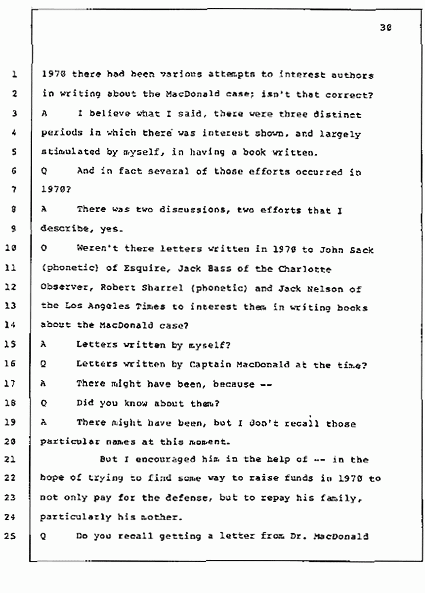 Los Angeles, California Civil Trial<br>Jeffrey MacDonald vs. Joe McGinniss<br><br>July 10, 1987:<br>Plaintiff's Witness: Bernard Segal, p. 30