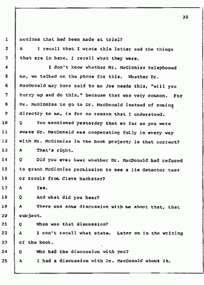 Los Angeles, California Civil Trial<br>Jeffrey MacDonald vs. Joe McGinniss<br><br>July 10, 1987:<br>Plaintiff's Witness: Bernard Segal, p. 38