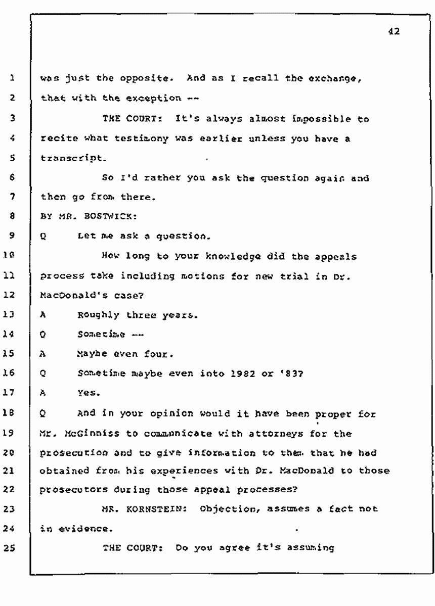 Los Angeles, California Civil Trial<br>Jeffrey MacDonald vs. Joe McGinniss<br><br>July 10, 1987:<br>Plaintiff's Witness: Bernard Segal, p. 42