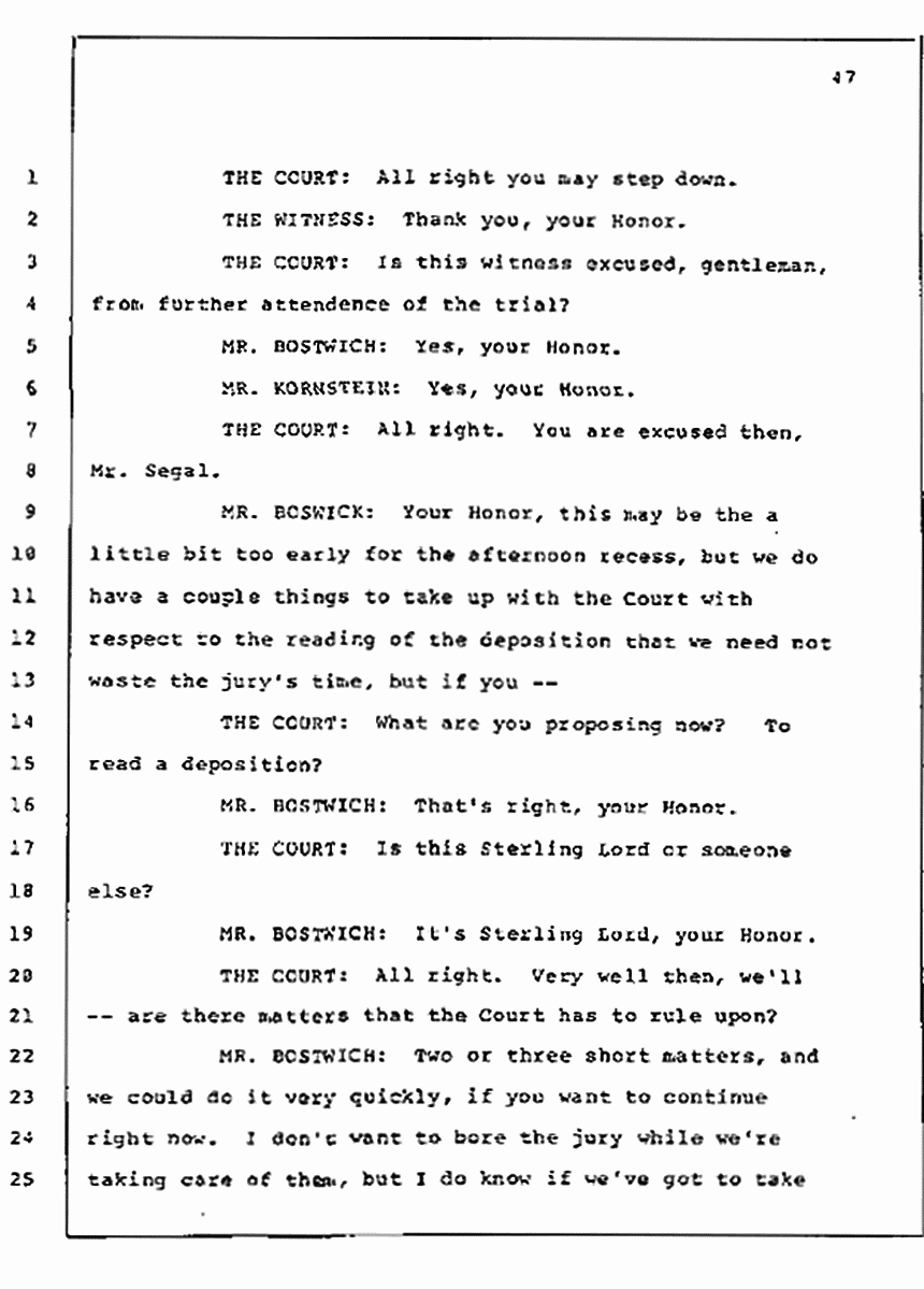 Los Angeles, California Civil Trial<br>Jeffrey MacDonald vs. Joe McGinniss<br><br>July 10, 1987:<br>Plaintiff's Witness: Bernard Segal, p. 47