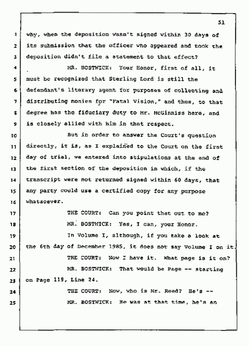 Los Angeles, California Civil Trial<br>Jeffrey MacDonald vs. Joe McGinniss<br><br>July 10, 1987:<br>Plaintiff's Witness: Bernard Segal, p. 51