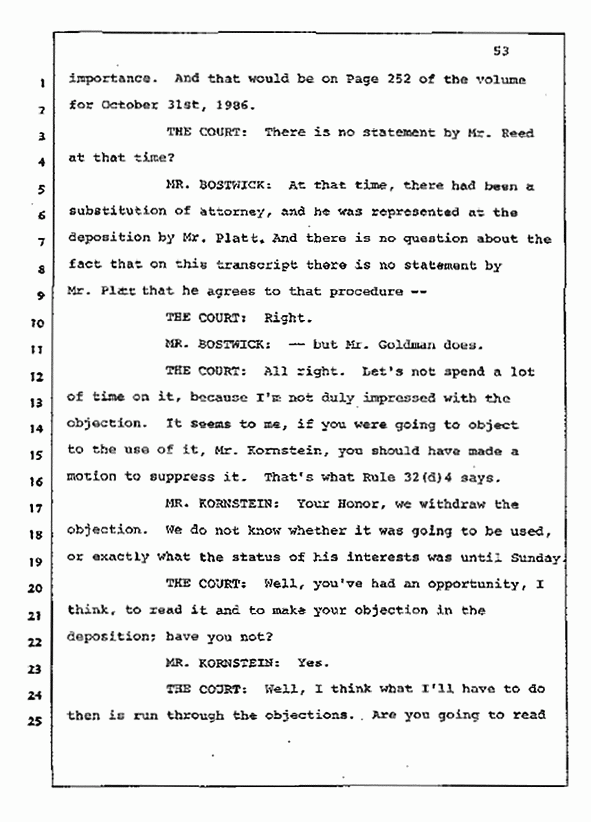 Los Angeles, California Civil Trial<br>Jeffrey MacDonald vs. Joe McGinniss<br><br>July 10, 1987:<br>Plaintiff's Witness: Bernard Segal, p. 53