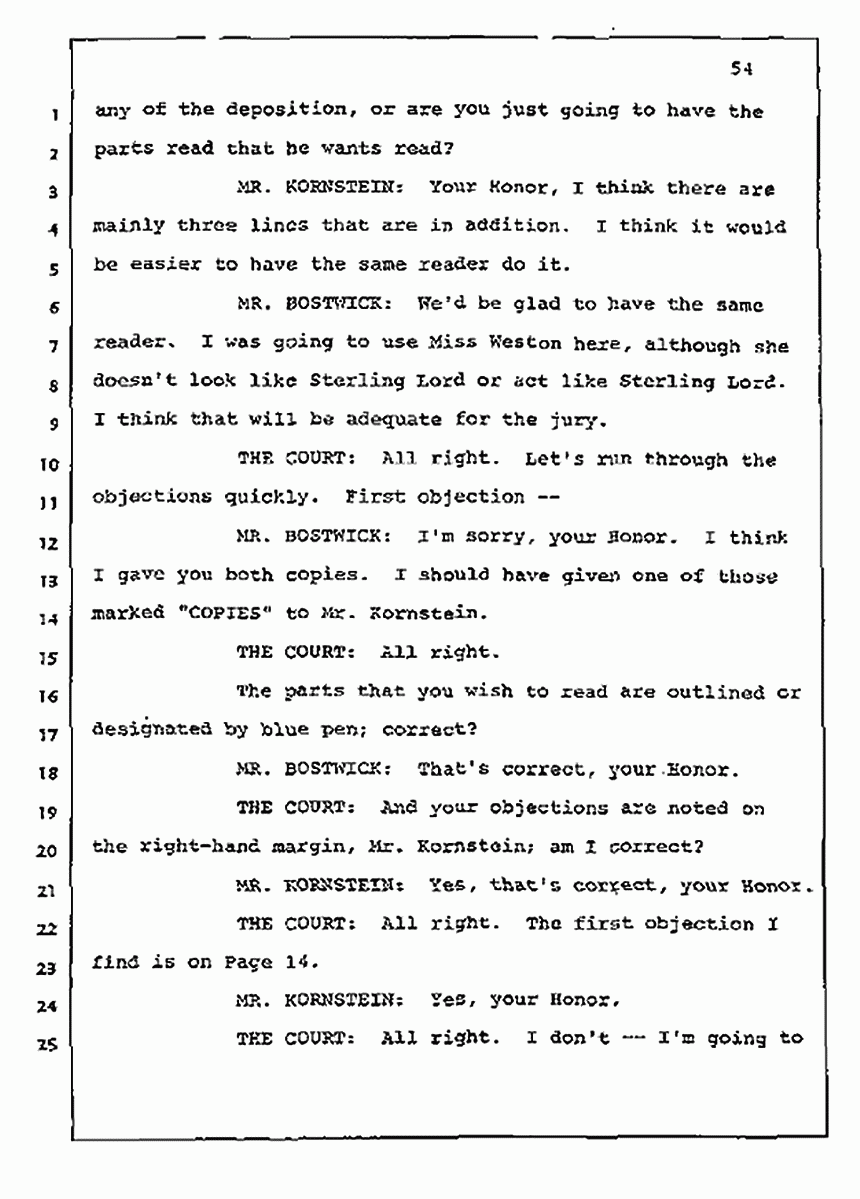 Los Angeles, California Civil Trial<br>Jeffrey MacDonald vs. Joe McGinniss<br><br>July 10, 1987:<br>Plaintiff's Witness: Bernard Segal, p. 54