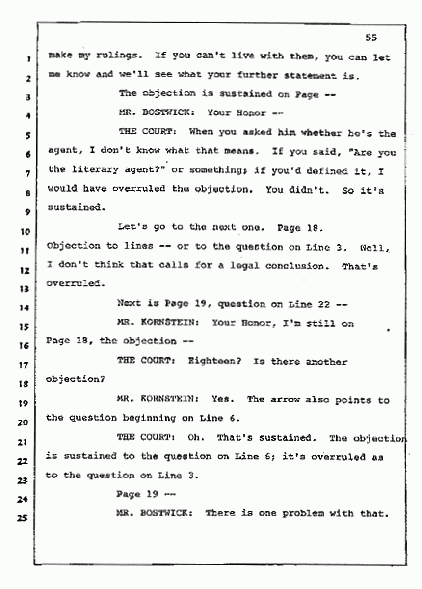 Los Angeles, California Civil Trial<br>Jeffrey MacDonald vs. Joe McGinniss<br><br>July 10, 1987:<br>Plaintiff's Witness: Bernard Segal, p. 55