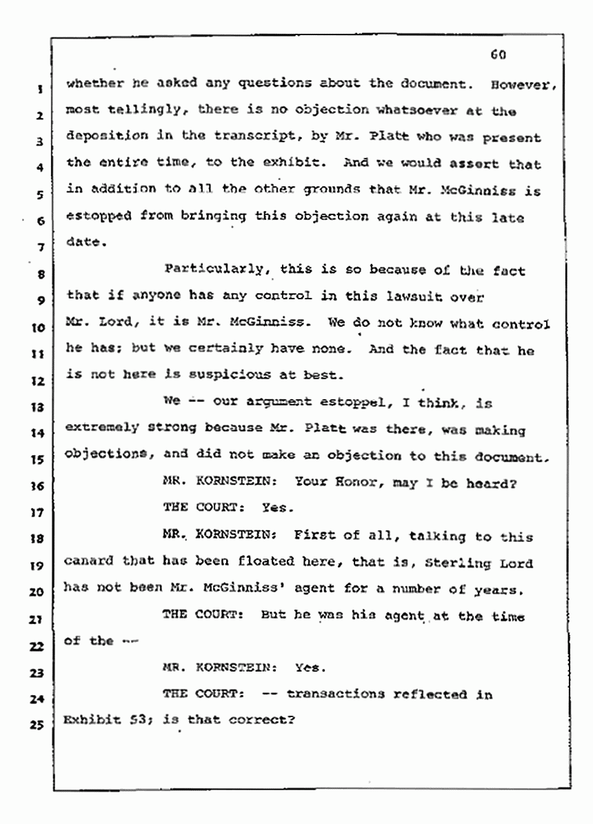 Los Angeles, California Civil Trial<br>Jeffrey MacDonald vs. Joe McGinniss<br><br>July 10, 1987:<br>Plaintiff's Witness: Bernard Segal, p. 60