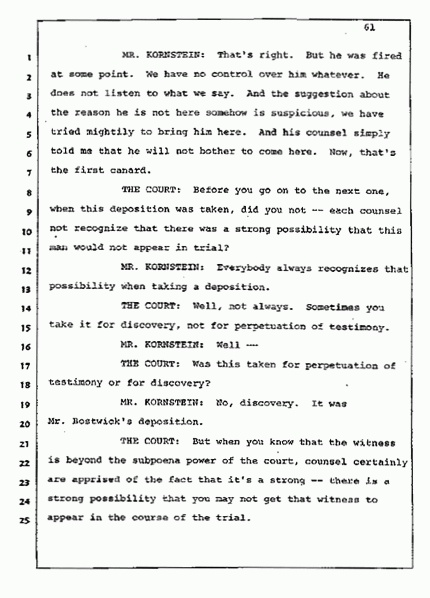 Los Angeles, California Civil Trial<br>Jeffrey MacDonald vs. Joe McGinniss<br><br>July 10, 1987:<br>Plaintiff's Witness: Bernard Segal, p. 61