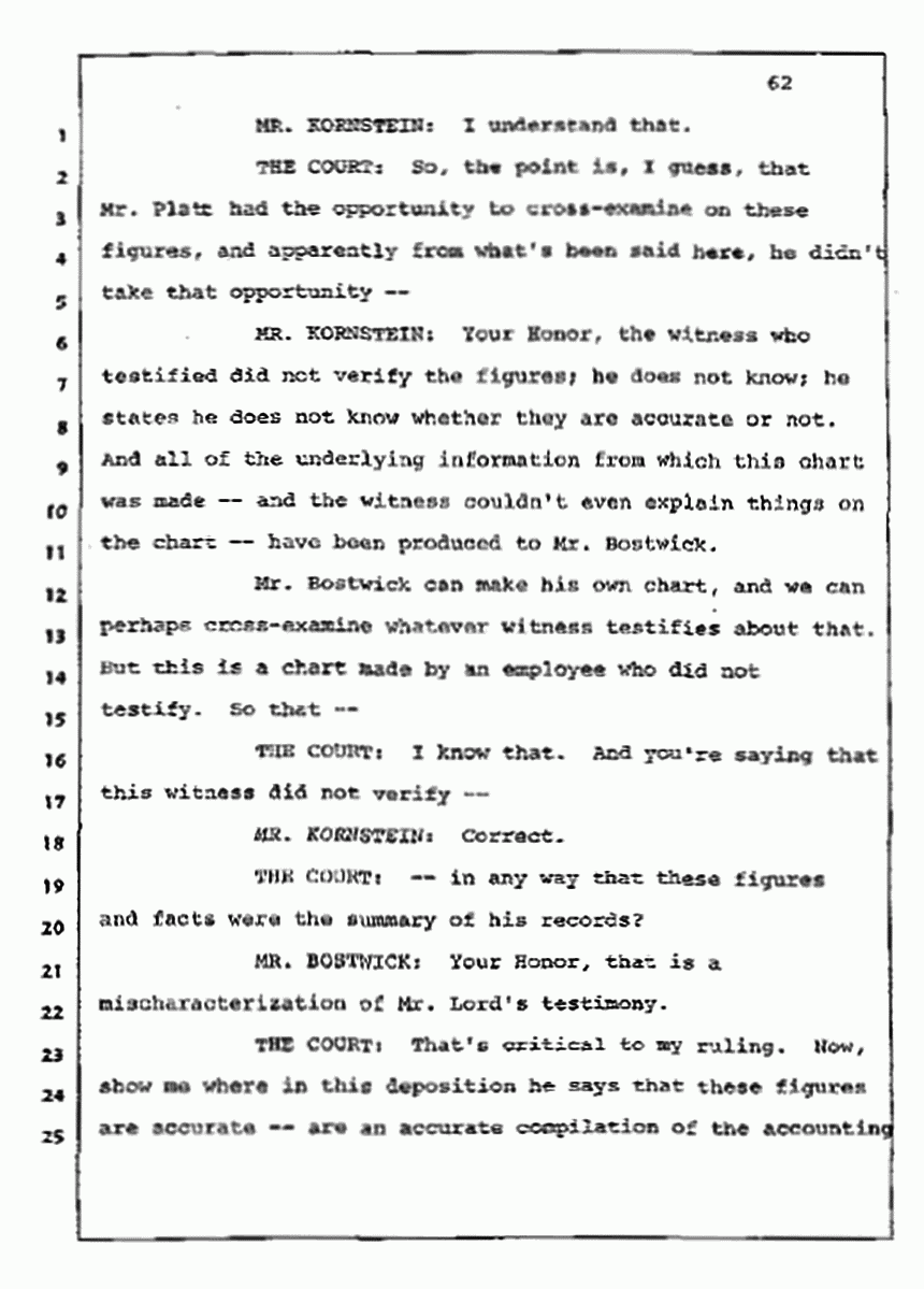 Los Angeles, California Civil Trial<br>Jeffrey MacDonald vs. Joe McGinniss<br><br>July 10, 1987:<br>Plaintiff's Witness: Bernard Segal, p. 62