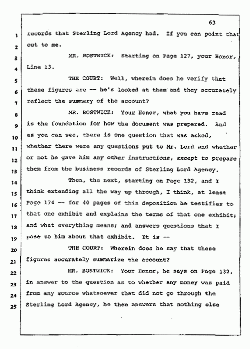 Los Angeles, California Civil Trial<br>Jeffrey MacDonald vs. Joe McGinniss<br><br>July 10, 1987:<br>Plaintiff's Witness: Bernard Segal, p. 63