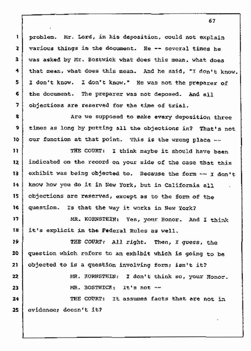 Los Angeles, California Civil Trial<br>Jeffrey MacDonald vs. Joe McGinniss<br><br>July 10, 1987:<br>Plaintiff's Witness: Bernard Segal, p. 67