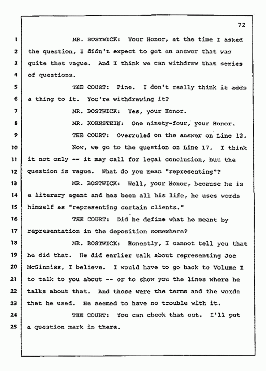 Los Angeles, California Civil Trial<br>Jeffrey MacDonald vs. Joe McGinniss<br><br>July 10, 1987:<br>Plaintiff's Witness: Bernard Segal, p. 72