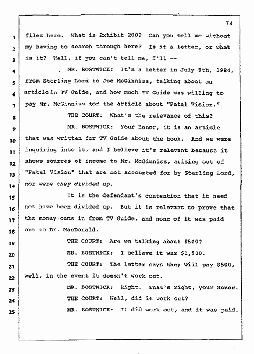Los Angeles, California Civil Trial<br>Jeffrey MacDonald vs. Joe McGinniss<br><br>July 10, 1987:<br>Plaintiff's Witness: Bernard Segal, p. 74