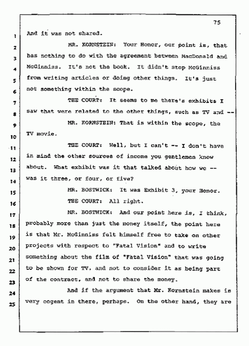 Los Angeles, California Civil Trial<br>Jeffrey MacDonald vs. Joe McGinniss<br><br>July 10, 1987:<br>Plaintiff's Witness: Bernard Segal, p. 75