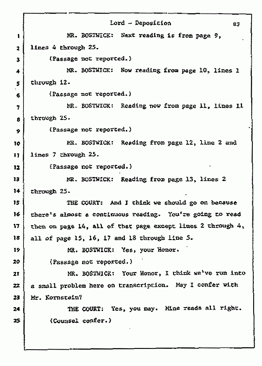 Los Angeles, California Civil Trial<br>Jeffrey MacDonald vs. Joe McGinniss<br><br>July 13, 1987:<br>Plaintiff's Witness: Sterling Lord, by Deposition, p. 83