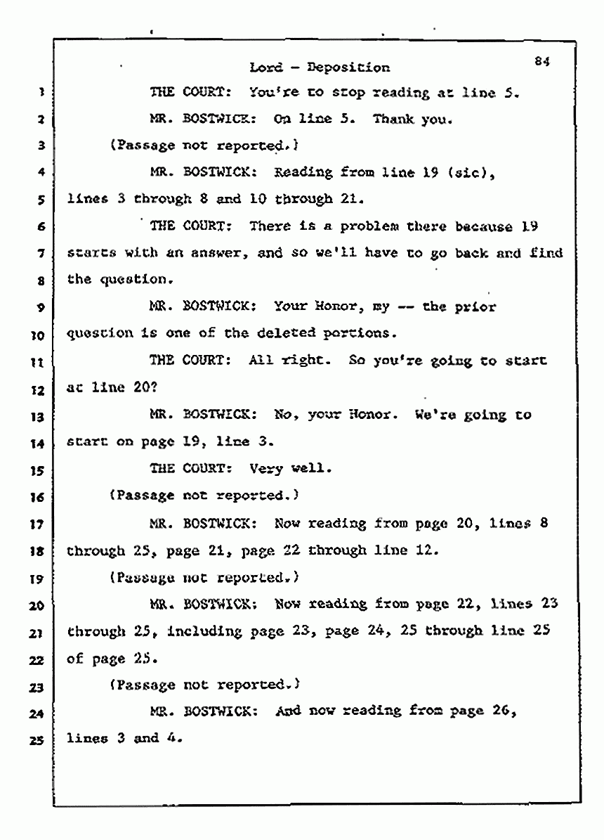 Los Angeles, California Civil Trial<br>Jeffrey MacDonald vs. Joe McGinniss<br><br>July 13, 1987:<br>Plaintiff's Witness: Sterling Lord, by Deposition, p. 84