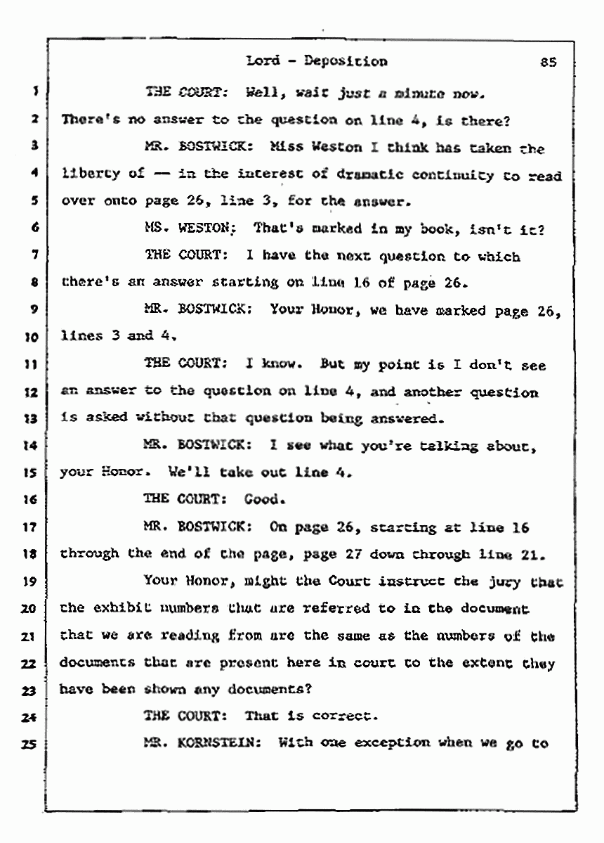 Los Angeles, California Civil Trial<br>Jeffrey MacDonald vs. Joe McGinniss<br><br>July 13, 1987:<br>Plaintiff's Witness: Sterling Lord, by Deposition, p. 85